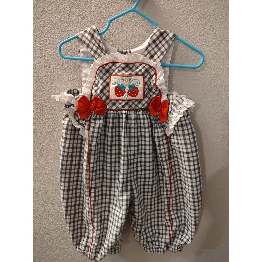 Baby Girl Gingham Print Strawberry Patch  Romper 3-6 Months Vintage Overalls F5